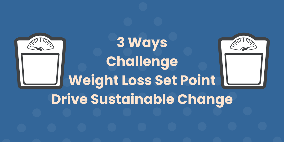 Titled, "3 ways Challenge Weight Loss Set Point Drive Sustainable Change". It has two scales on either side of the title. One scale indicates a low weight and the other indicates a higher weight. This alludes to the idea that set point theory causes one to regain the weight they lost.