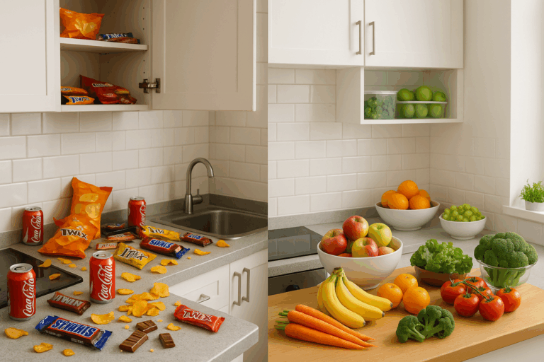 How to transform your home into your health ally. A split scene of a kitchen shows the transformation from a kitchen cluttered with unhealthy snacks to a clean and organized home with healthy food zones.