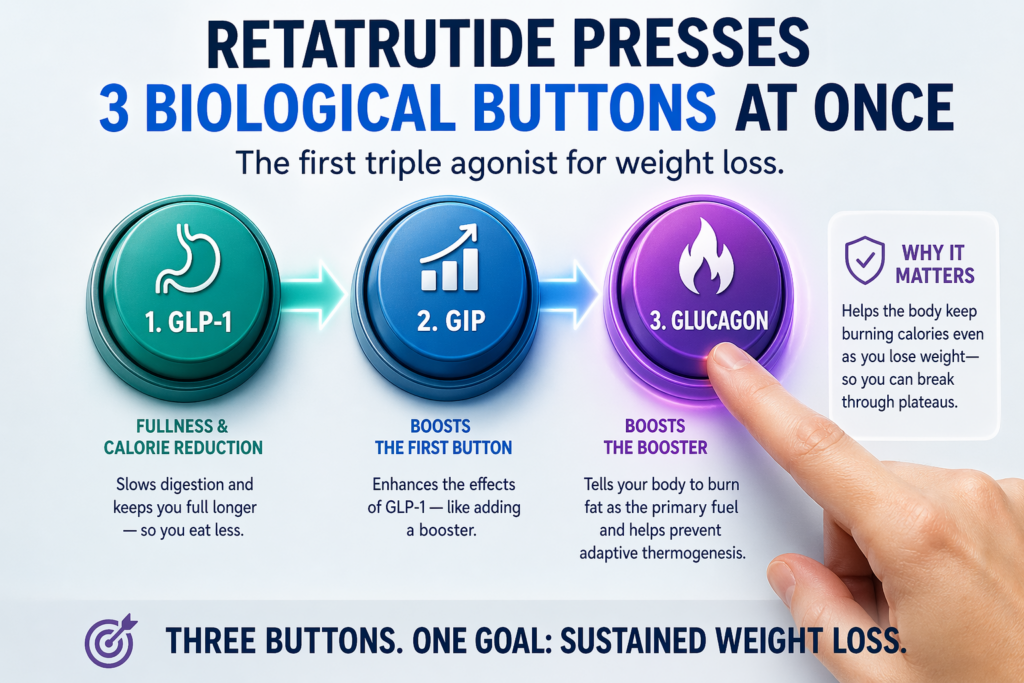 A graphical representation of the three biological buttons that retatrutide can press.