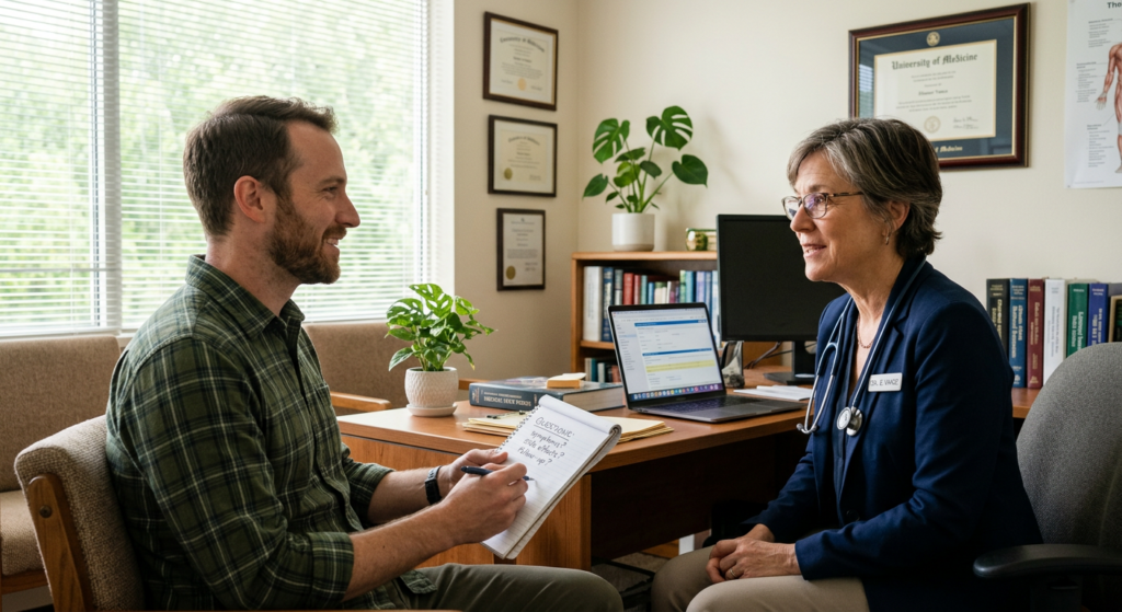 Patient asking doctor questions about the hidden long-term risk of medications during a medical consultation