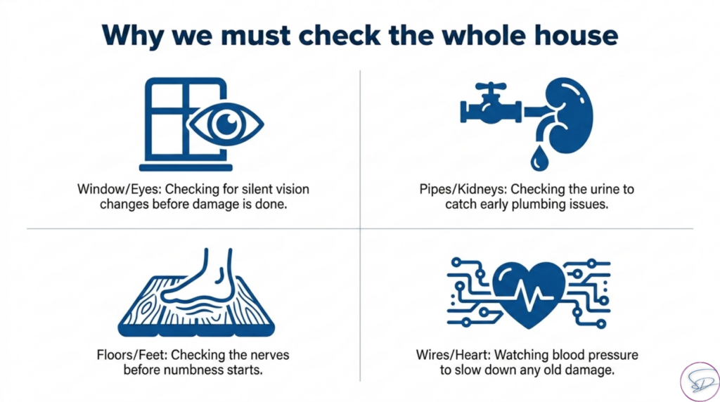 Graphic that shows what biological systems to check for damage that might have already occurred from high blood sugar levels.