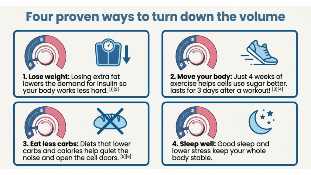 Infographic on four ways to reverse insulin resistance: lose weight, exercise, eat fewer carbs, and sleep well