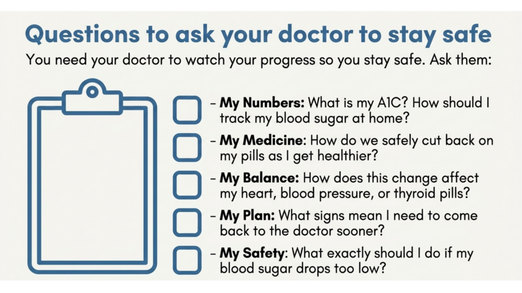 Checklist of five questions to ask your doctor about diabetes safety: numbers, medicine, balance, plan, and safety