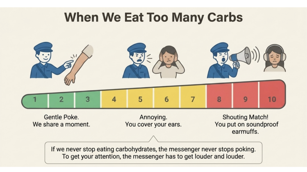 Insulin resistance infographic: a 1-10 severity gauge showing the shouting match analogy from a gentle poke (mild) to a shouting match with soundproof earmuffs (severe) as carbohydrate intake increases