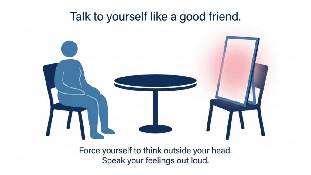 Illustration titled 'Talk to yourself like a good friend,' showing a person sitting at a table across from an empty chair with a glowing mirror propped on it, with the caption: force yourself to think outside your head, speak your feelings out loud.