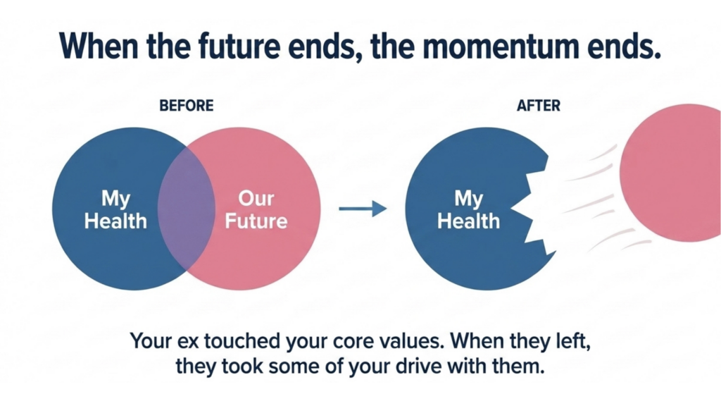 Diagram titled 'When the future ends, the momentum ends,' showing two overlapping circles labeled 'My Health' and 'Our Future' before a breakup, then a cracked, separated 'My Health' circle after, with the caption: your ex touched your core values, when they left, they took some of your drive with them.