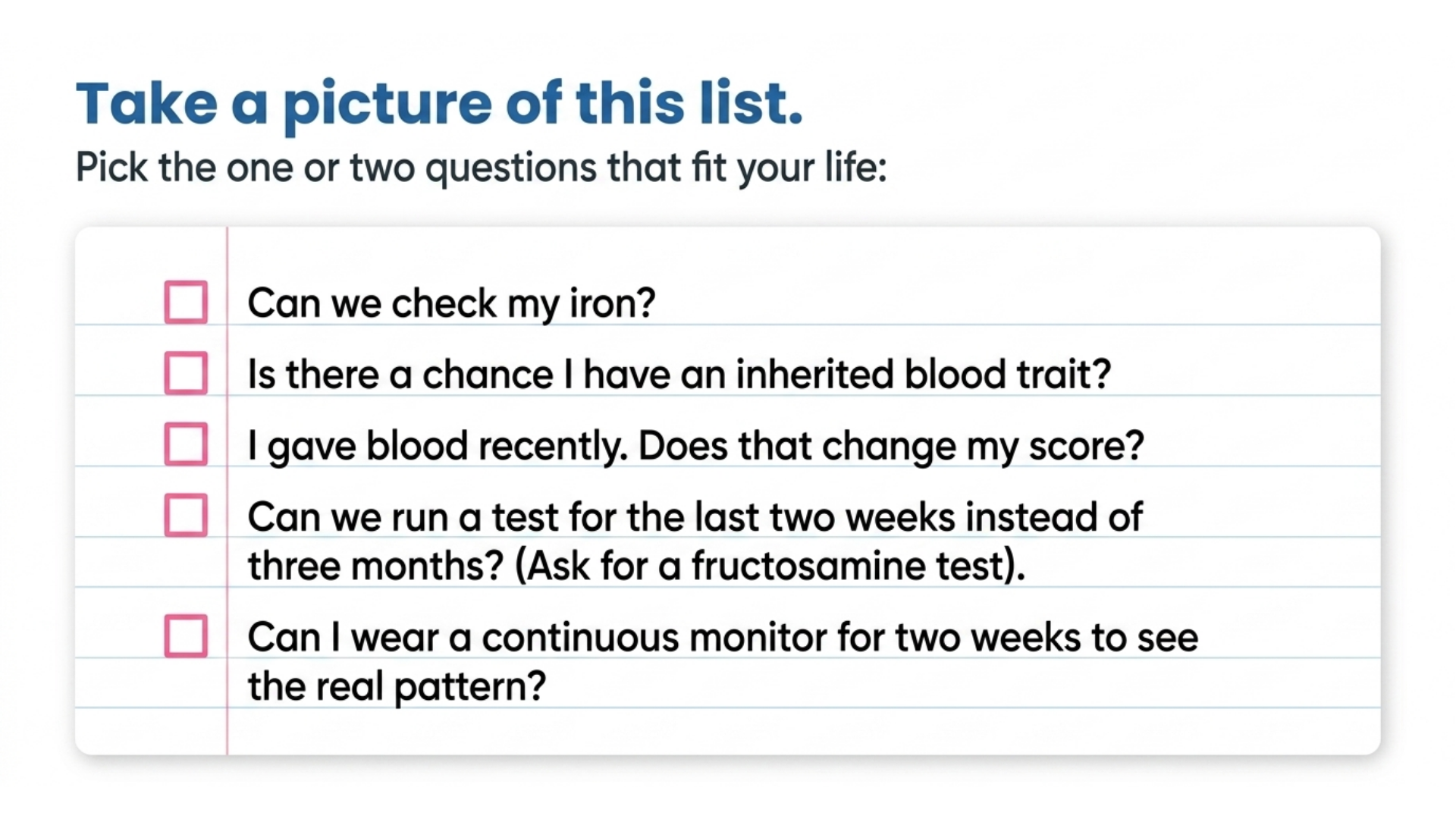 Numbered list of questions to ask your doctor when your A1C does not match your home glucose readings, covering iron and CBC testing, hemoglobin variants, recent blood loss, alternative tests and a continuous glucose monitor.
