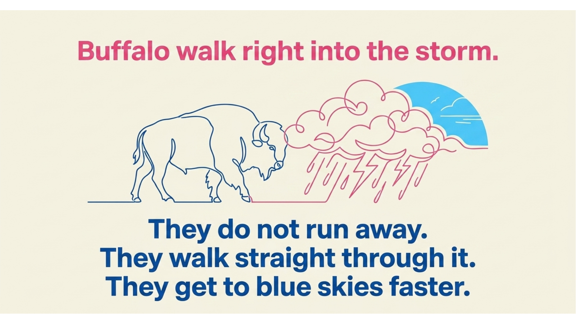 Illustration of buffalo turning to face an oncoming storm and walking straight through it rather than running away, used as a metaphor for holding steady on blood sugar control while nerve pain settles.